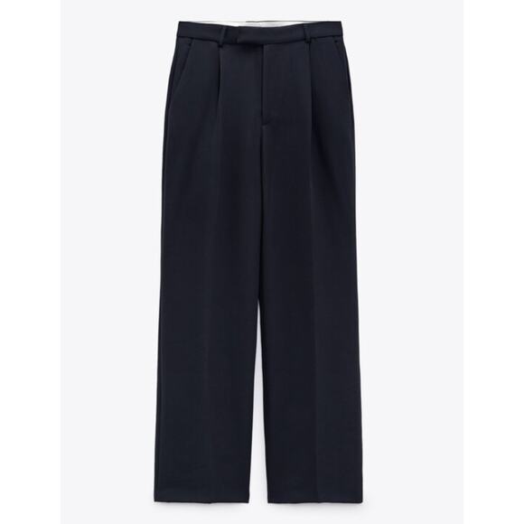 Zara High Waist Trousers Blue Pleated Straight Leg Size M - Picture 1 of 13